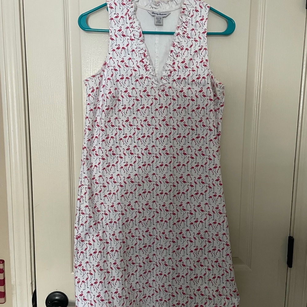 Tommy Bahama White and Pink V-Neck Flamingo Cotton Blend Mini Dress